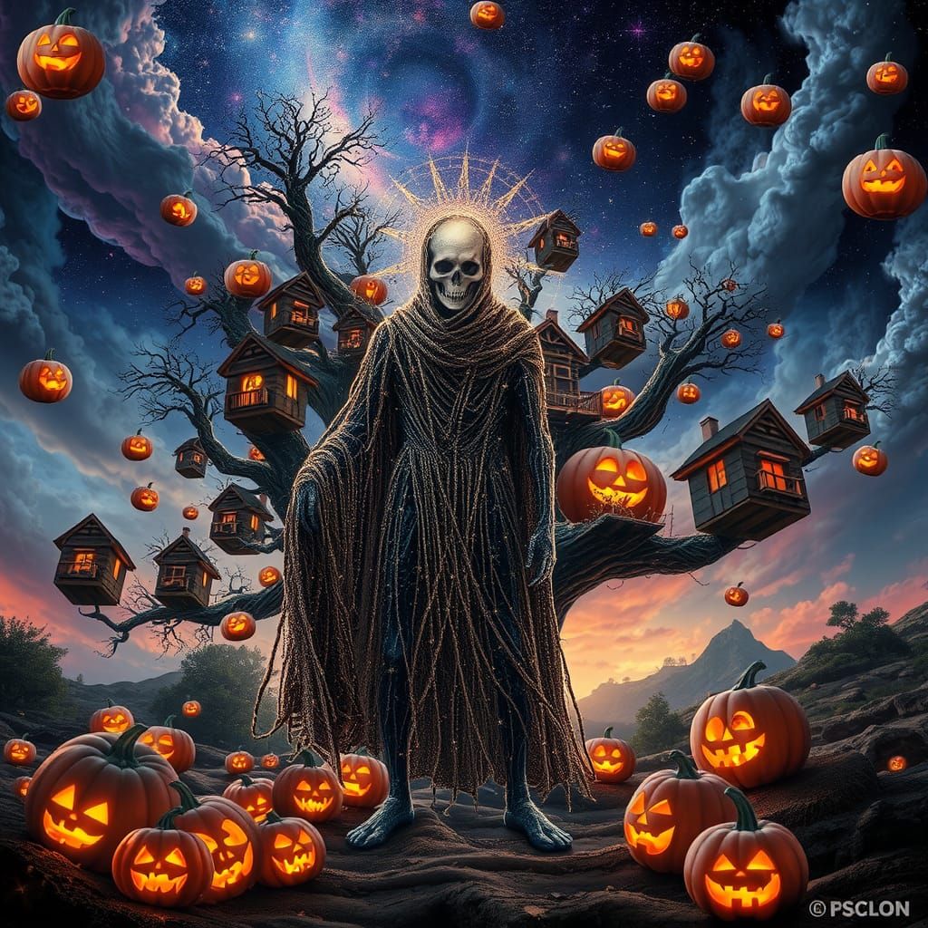 Surreal Starlight Figure Among Floating Treehouses