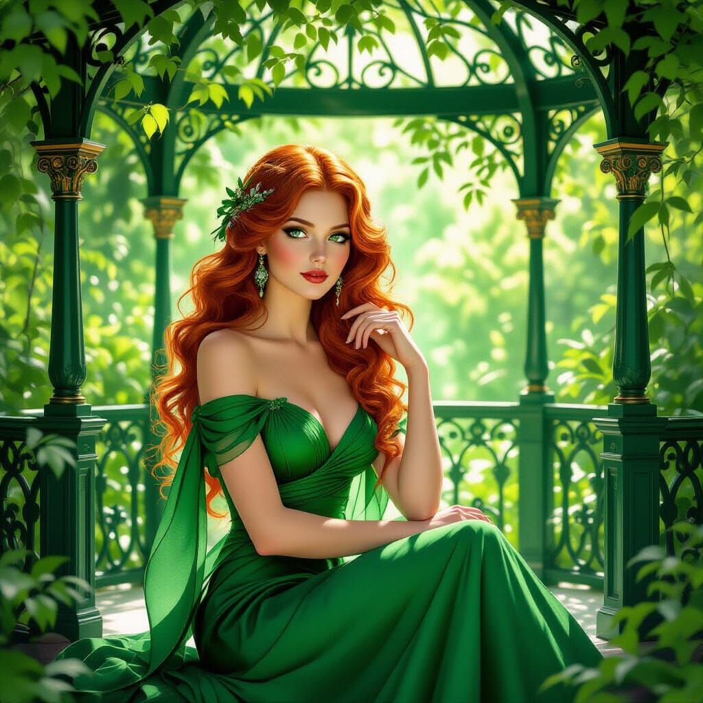 Art Nouveau Woman in Emerald Gazebo