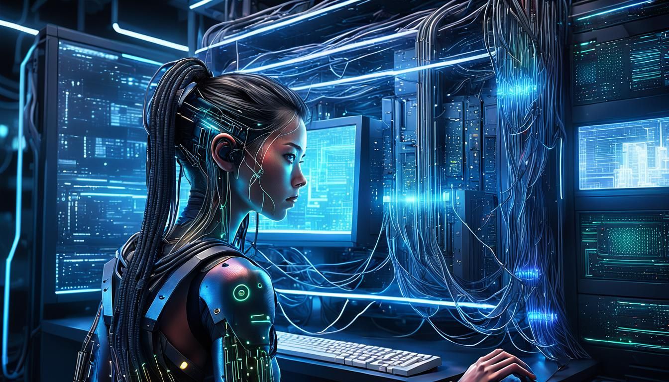 Cyberpunk Anime Woman Connected to a Mainframe