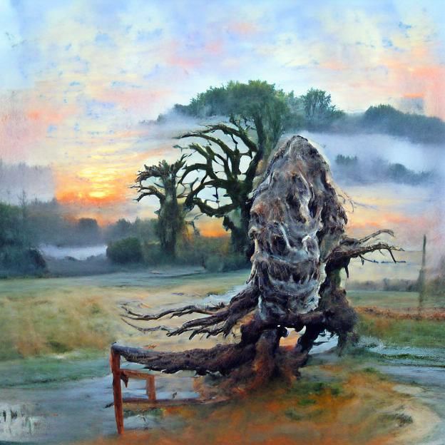 Gnarled Tree in Mist: Sunrise Oil Painting