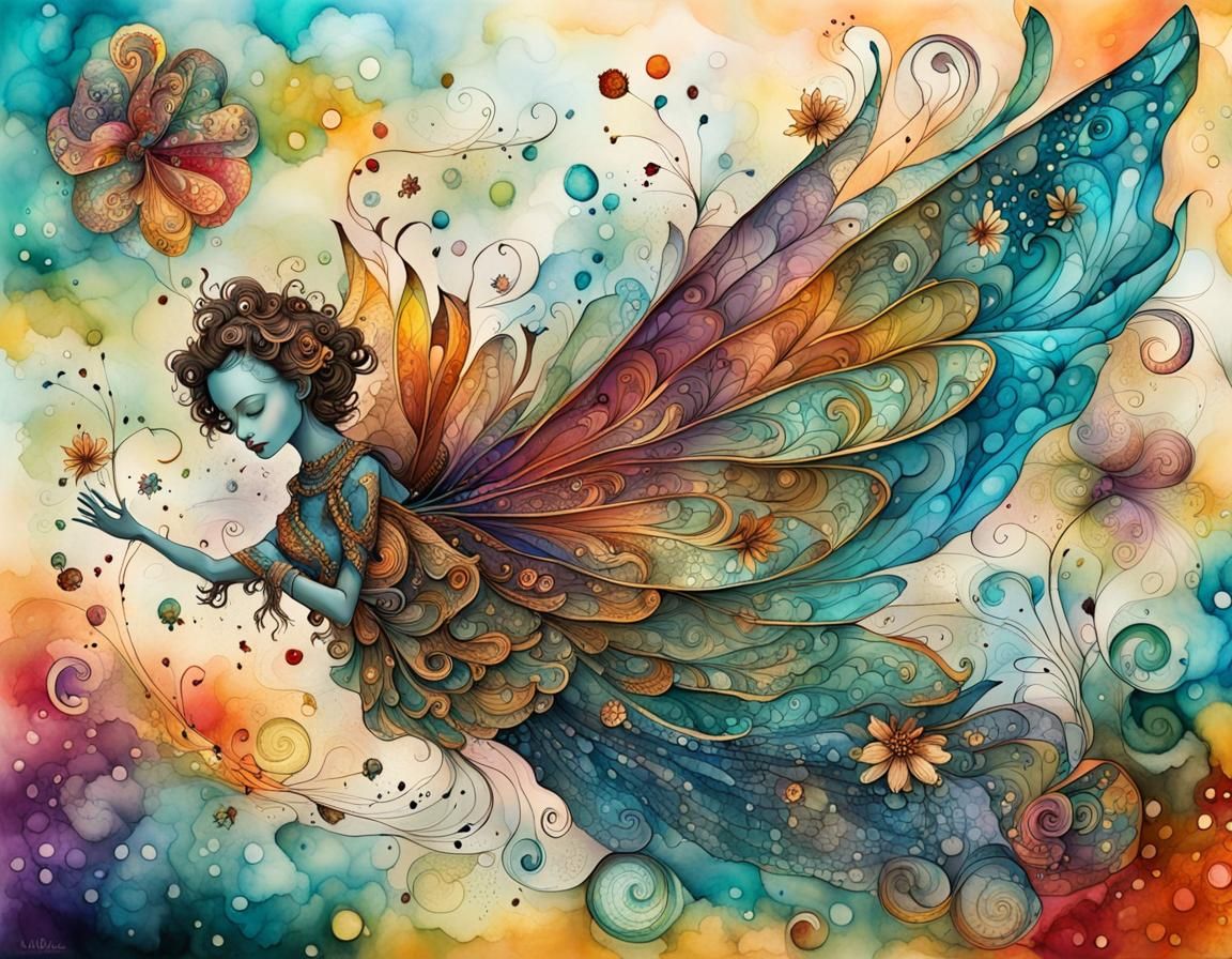 Fairy Flight in Abstract Rococo Sky: Alcohol Ink Art