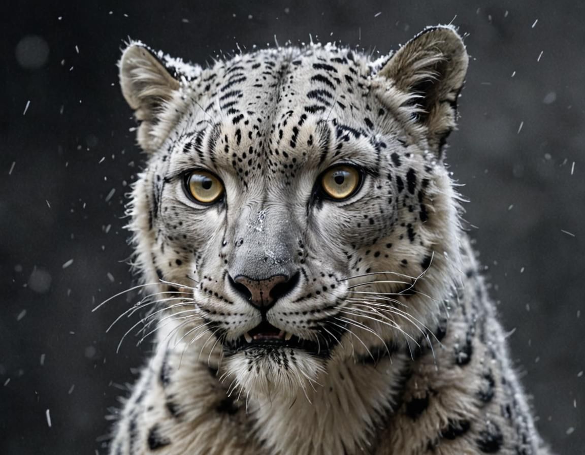 disturbing angry snow leopard cyborg hyperdetailed charcoal drawing straight out of a horror movie,  intricate white fur...
