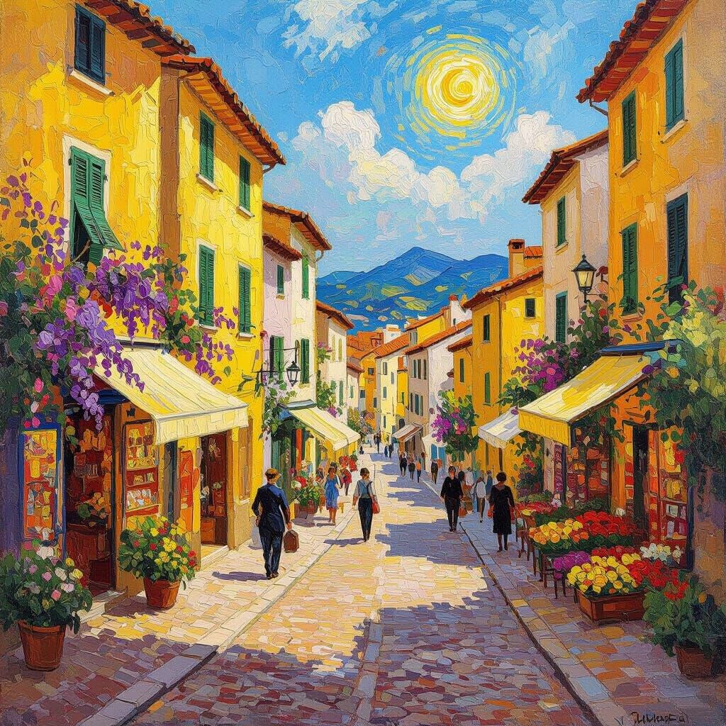 Bustling European Coastal City Painted in Van Gogh Style