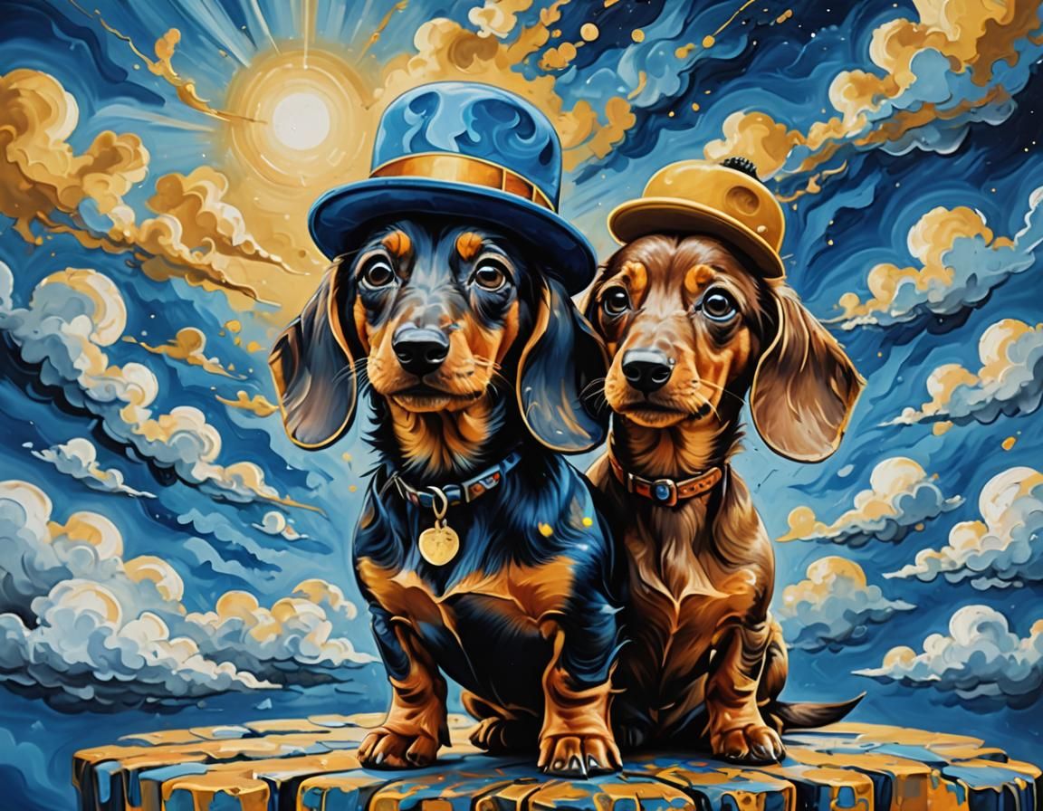 Expressionist Dachshund with Fairy in Fractal Sky