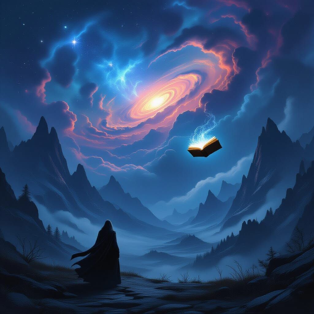 Dark Fantasy Landscape with Celestial Phenomenon and Floatin...
