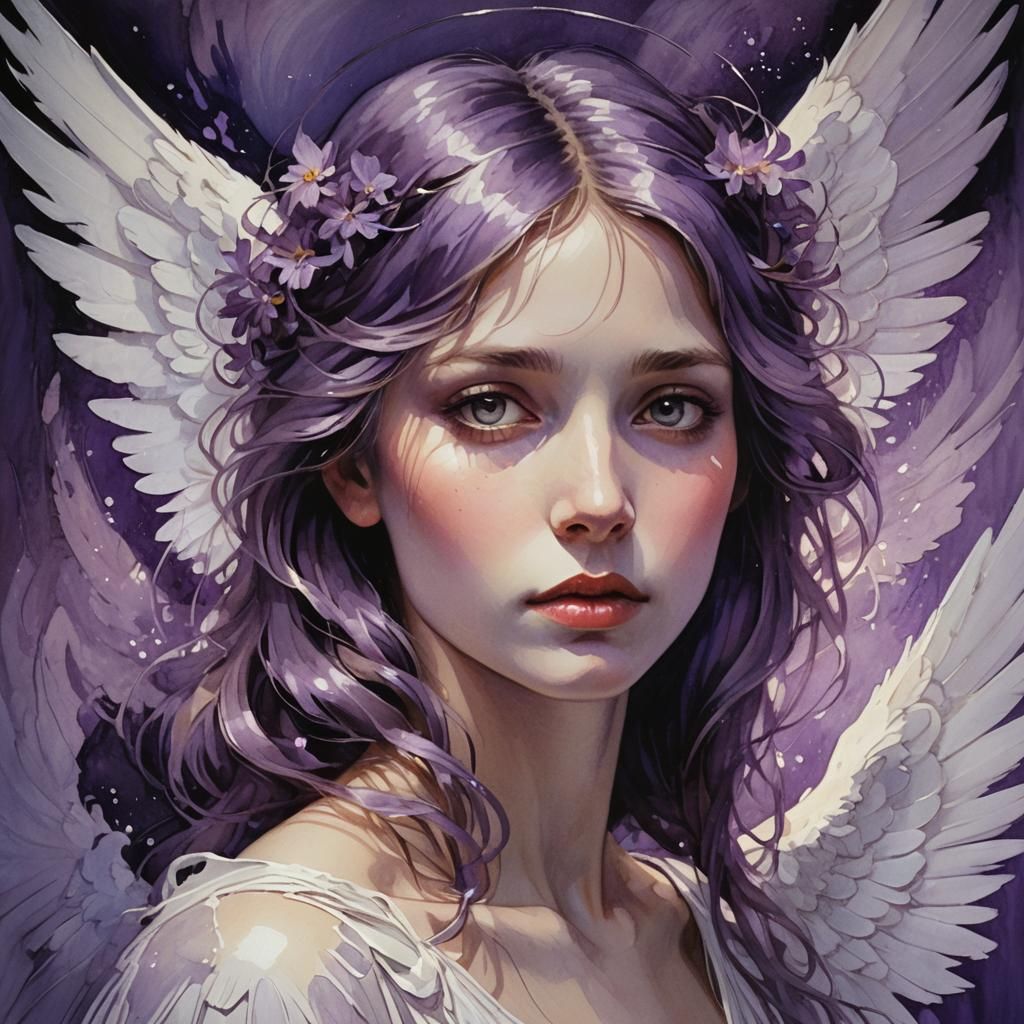 Ethereal Woman with Angel Wings in Gouache Style