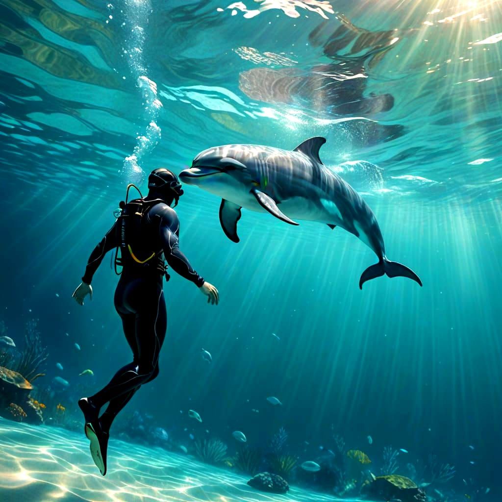 Diver and Dolphin Encounter in Turquoise Waters