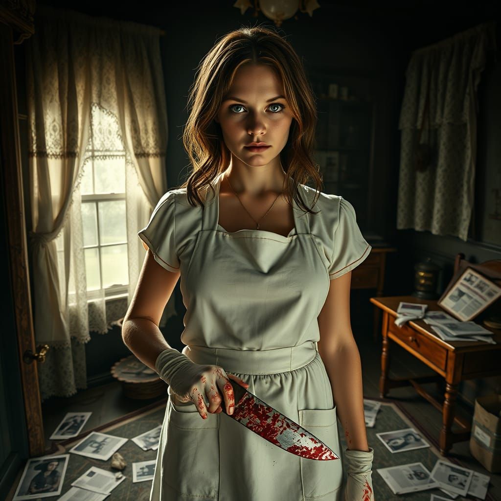 Mysterious Woman with Bloodstained Hands Holds Butcher Knife...