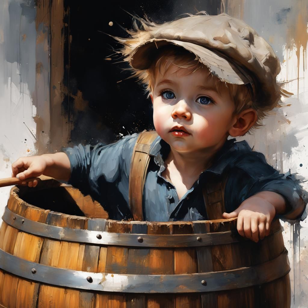 Toddler in Barrel: Detailed Matte Painting