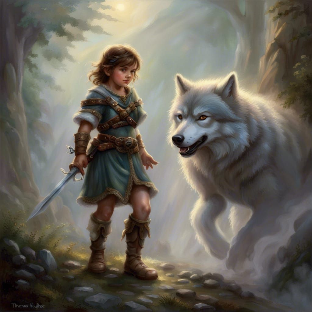 Halfling Fighter and Wolf in Ethereal Fantasy Style