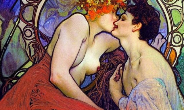 Romantic Embrace: A Kiss in Art Nouveau Style