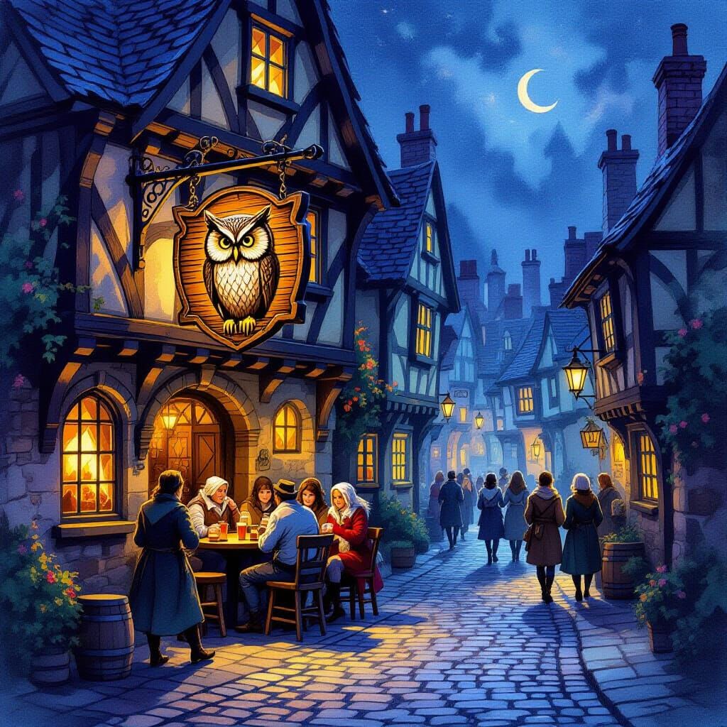 Bustling Tavern Entrance in Old England Watercolor Style