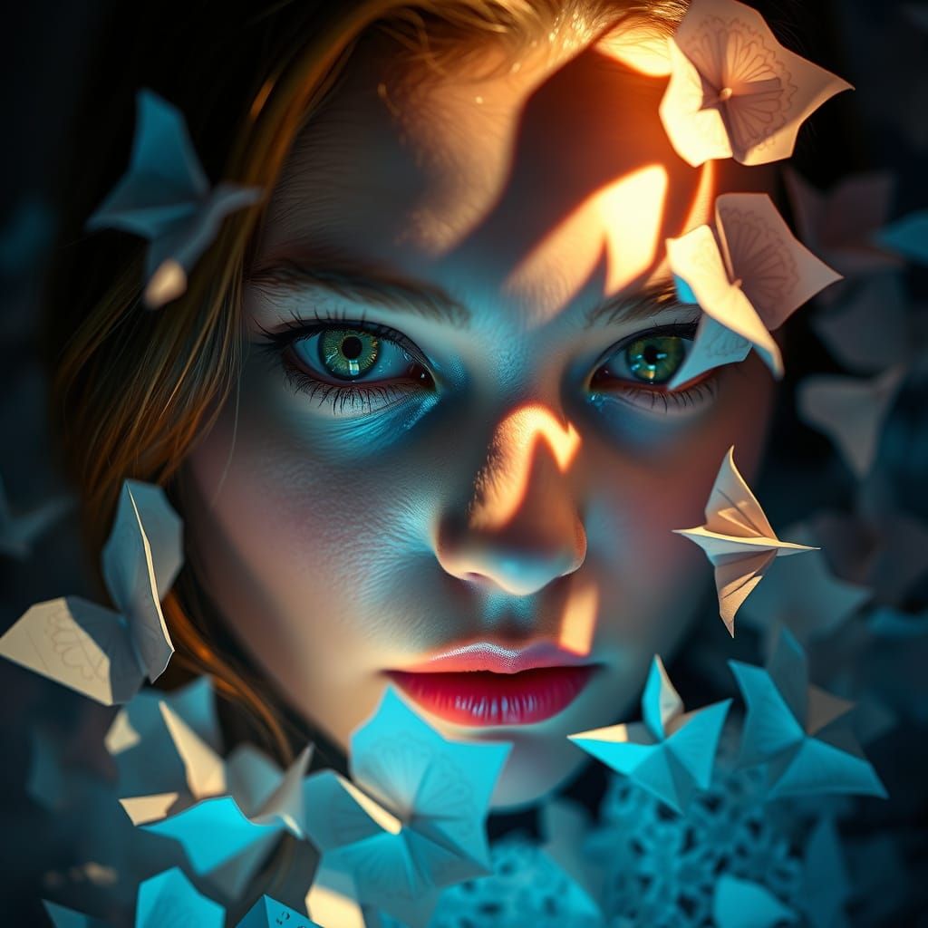 Portrait of a Person in Soft Spotlight with Origami Folds