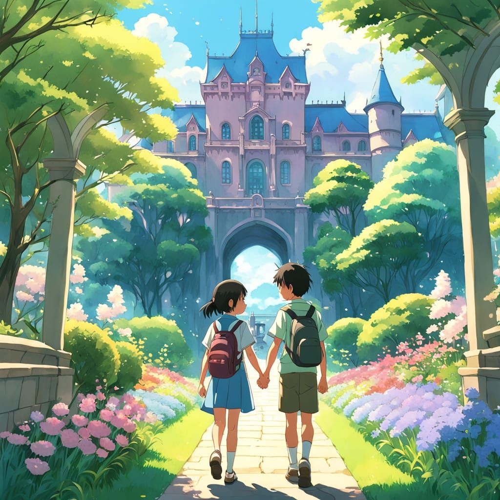 Whimsical Boy and Girl in Royal Castle Gardens