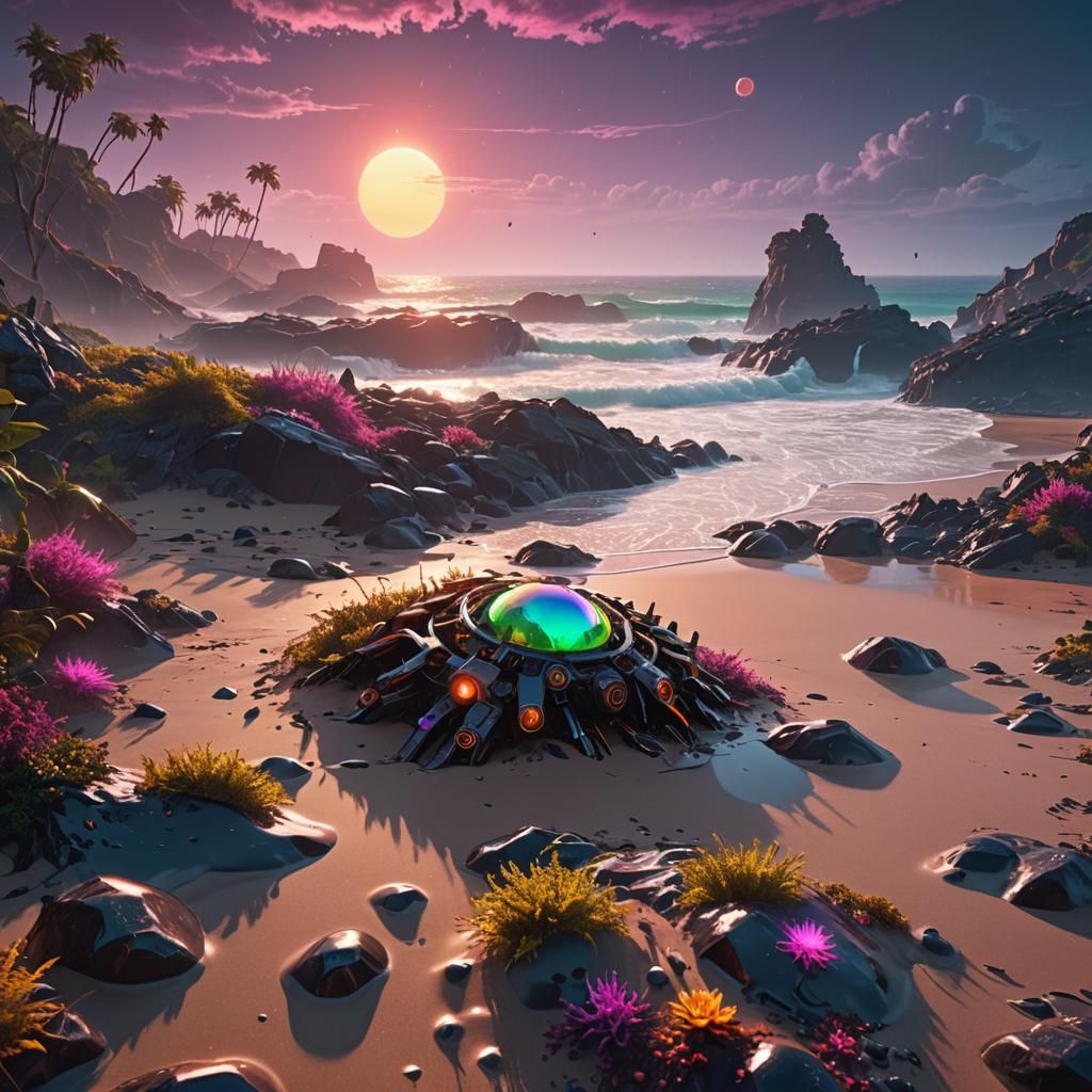 Psychedelic Foggy Sun Over Wild Beach in 3D