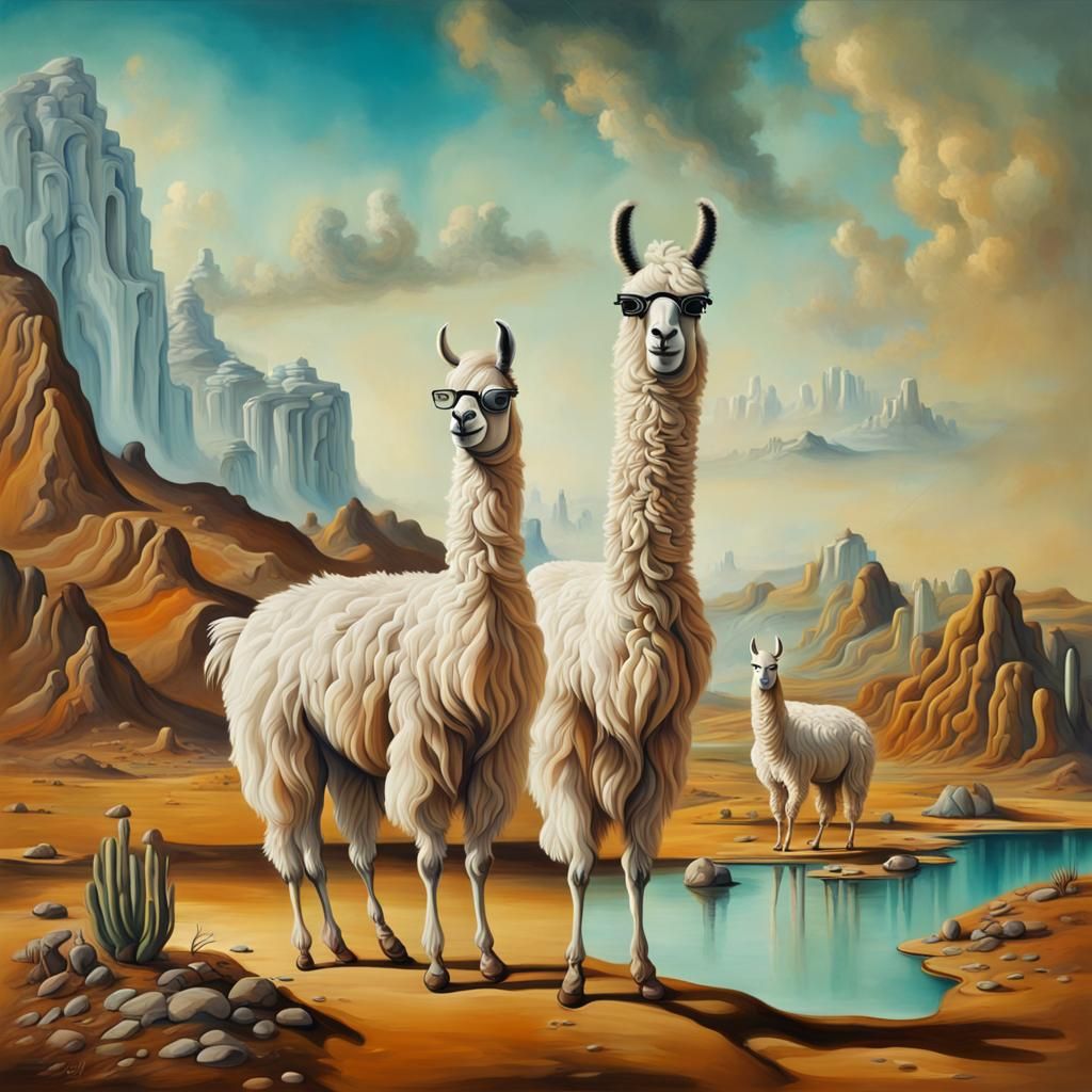 Llamas in Surreal Landscape as Salvador Dali Painting