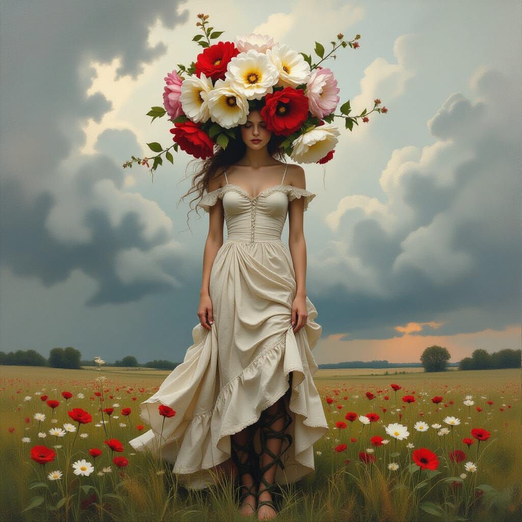 Surreal Woman Merging with Flowers Under Stormy Sky