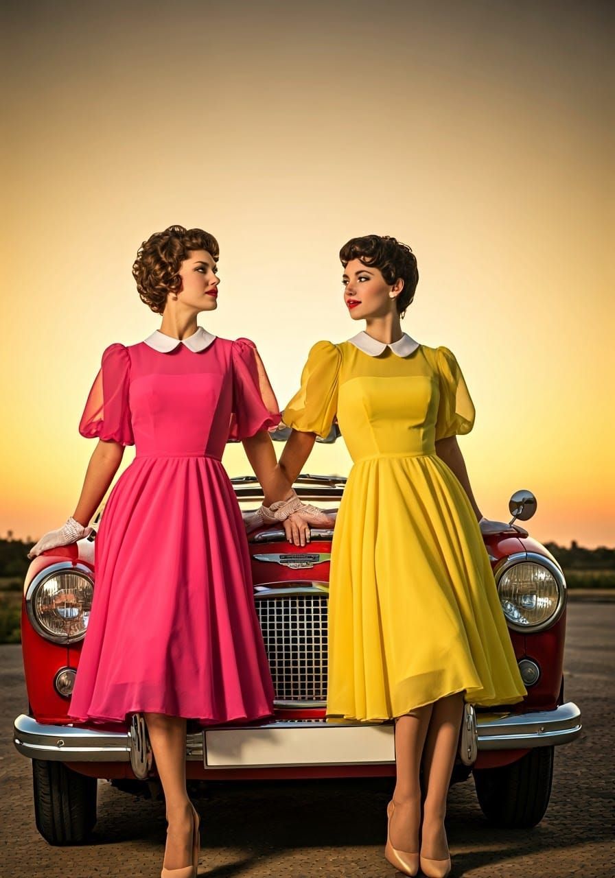 1950s Glamour: Women and Red Austin Healy Car