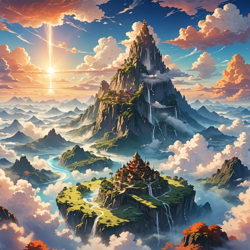 Floating Island with Mountain in Anime Style