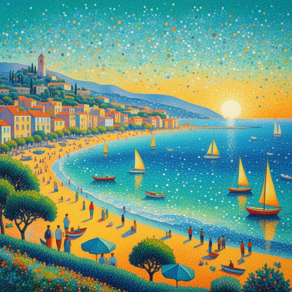 Mediterranean Seaside Village in Pointillist Style