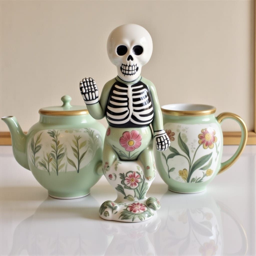 Elegant Porcelain Doll with Glossy Rose China and Skeleton