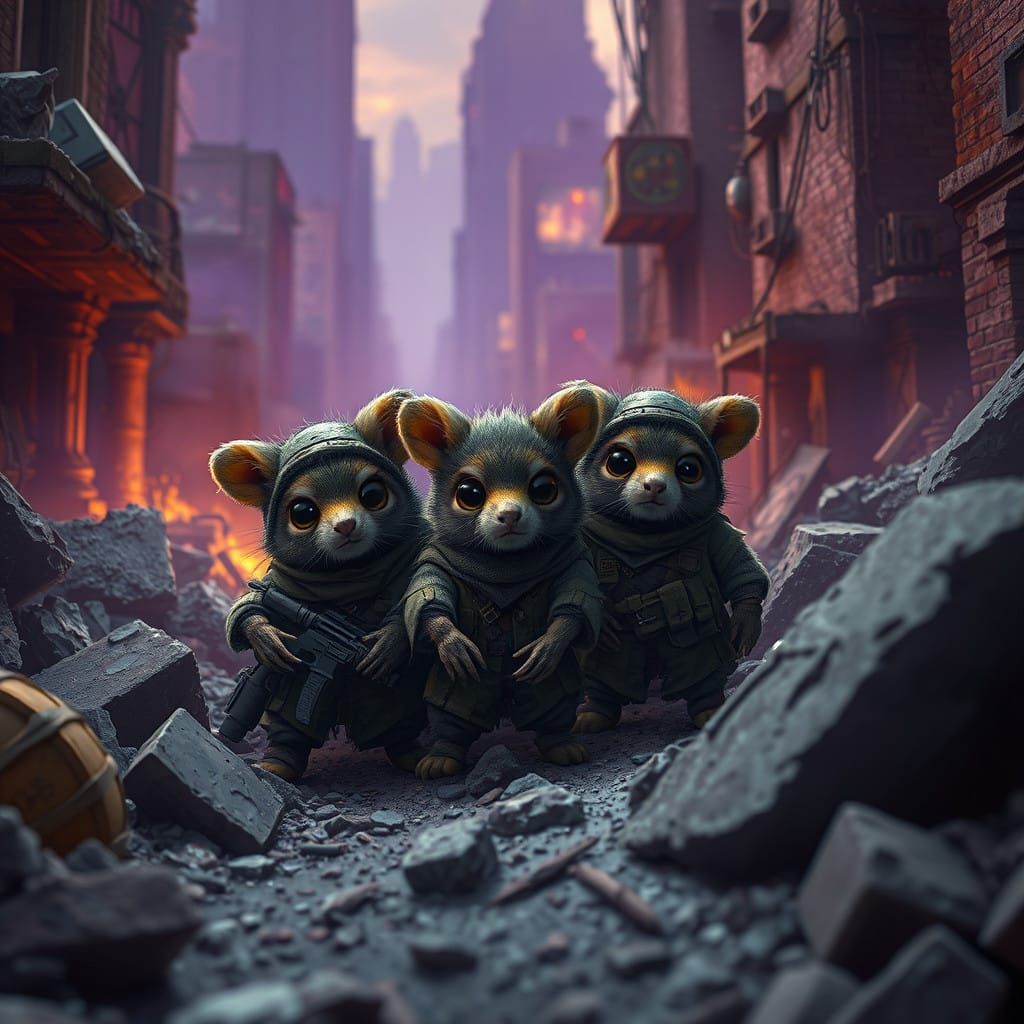 Cute Furry Animals in a Haunting War-Torn Cityscape