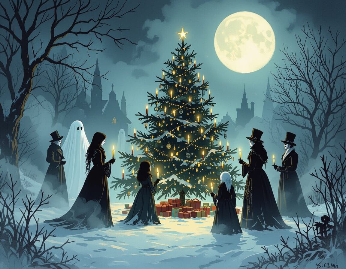 Ghostly Victorian Christmas Scene with Spectral Figures