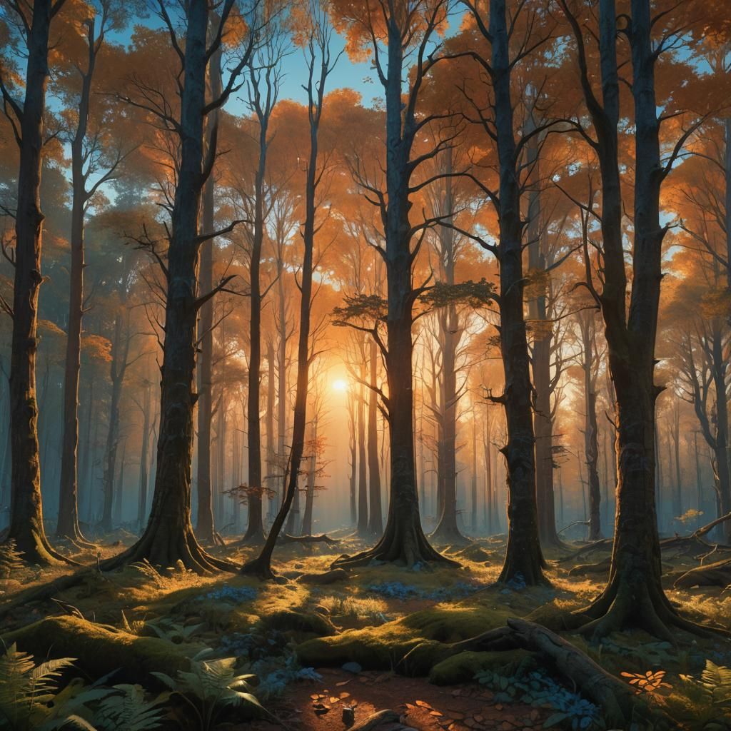 Sunset Forest: Fantastical Matte Painting in Hyper-Realism