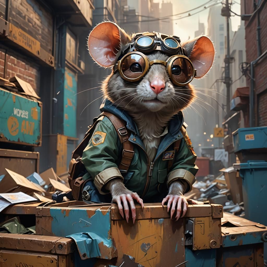 Dumpster diving anthropomorphic rat with aviator goggles on head