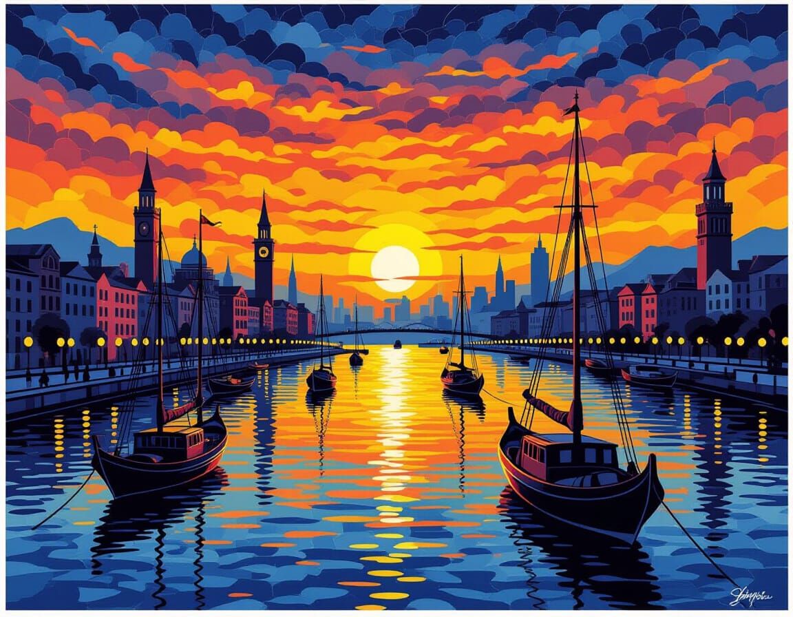 Sunset Harbor in Mosaics and Blacklight Vector Art