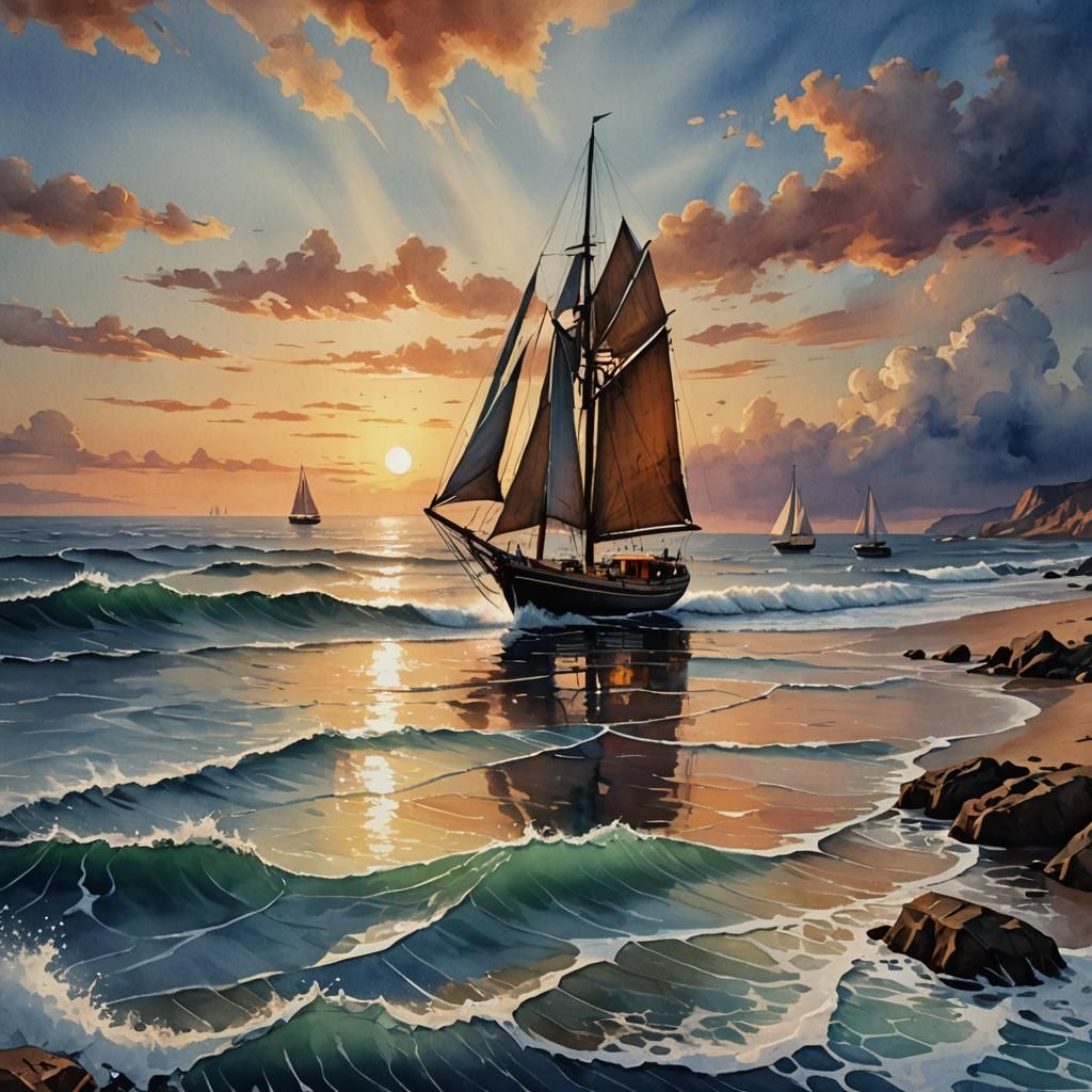 Sunset Sailboat Seascape in Watercolor Style