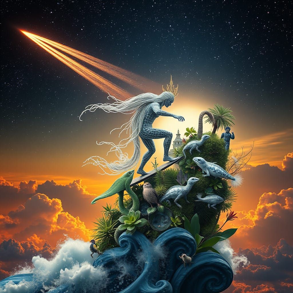 Mythical Surfer Rides Comet's Radiant Tail Amidst Cosmic Lan...