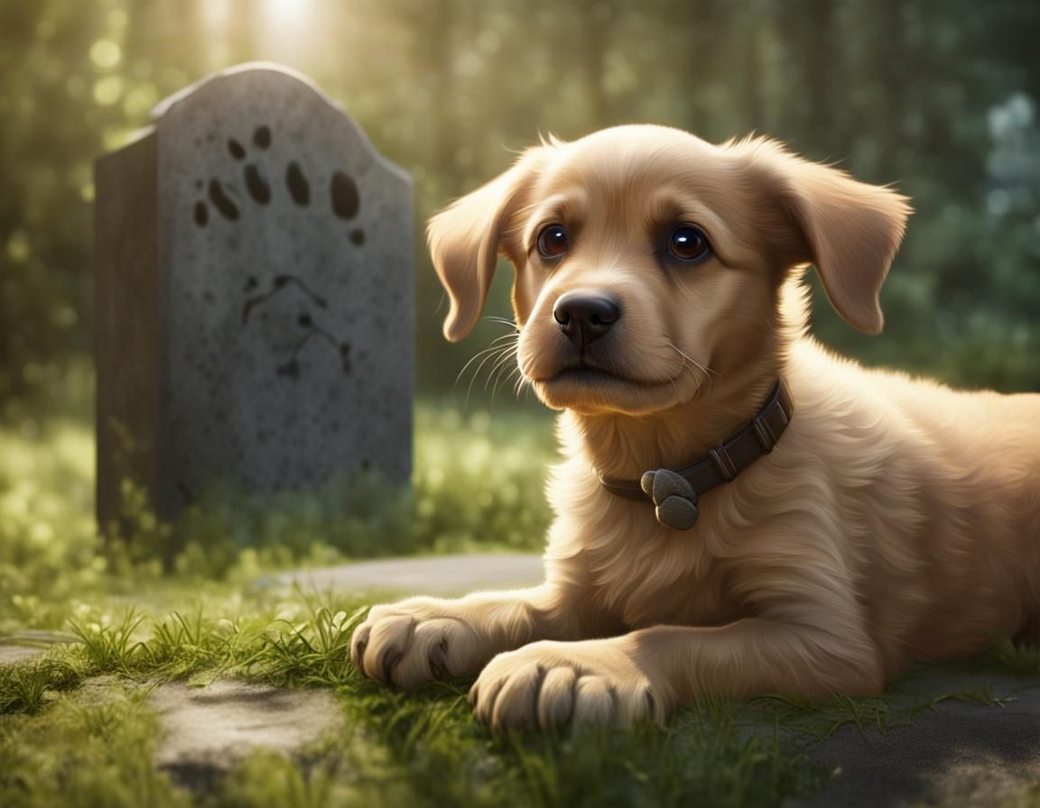 Puppy and Pawprint Gravestone in Hyperdetailed Style
