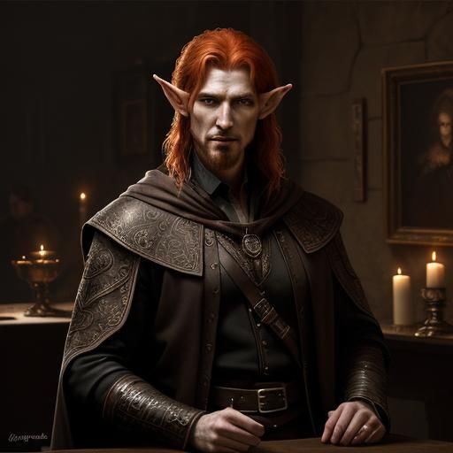 Red-Headed Half-Elf Thief Portrait in Film Noir Style