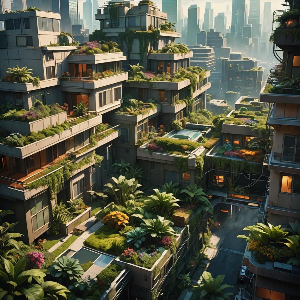 Harmonious Futuristic Buildings with Lush Gardens