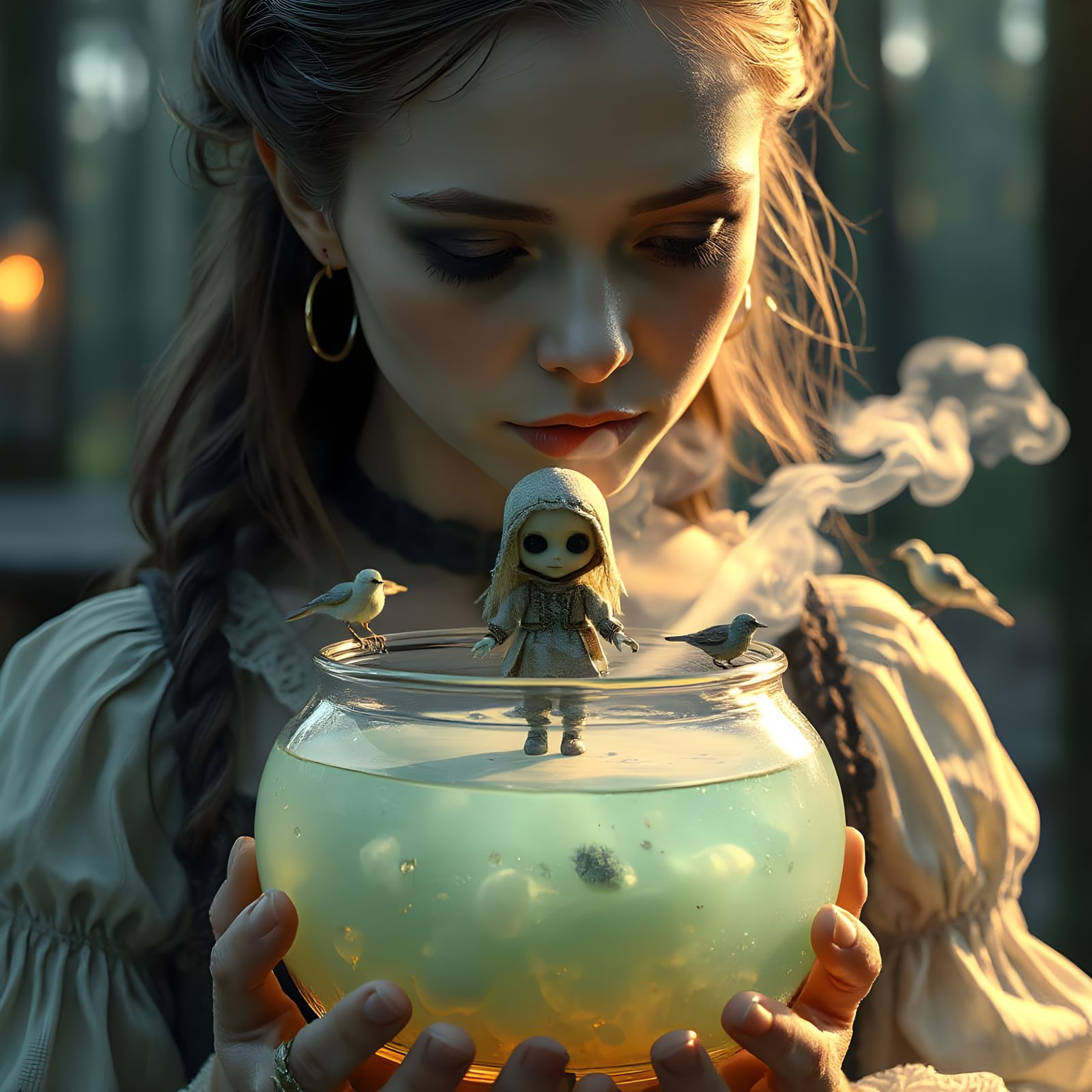 Magical Potion with Eerie Doll in Nordic Forest
