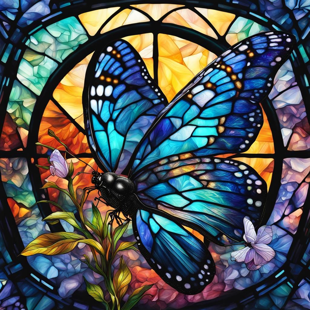 Stained Glass Butterfly on Monochrome Flower