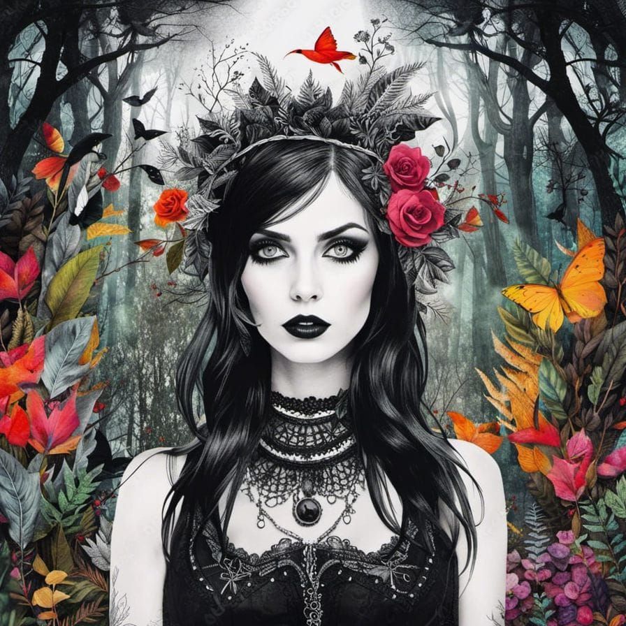 Goth Girl Portrait in Mystical Forest Collage Art