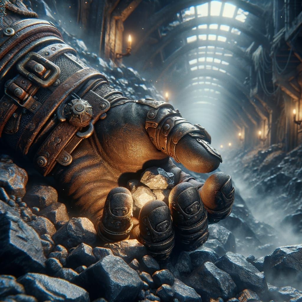 Dwarf Hand Examines Dull Ore in Smoky Mine Shaft