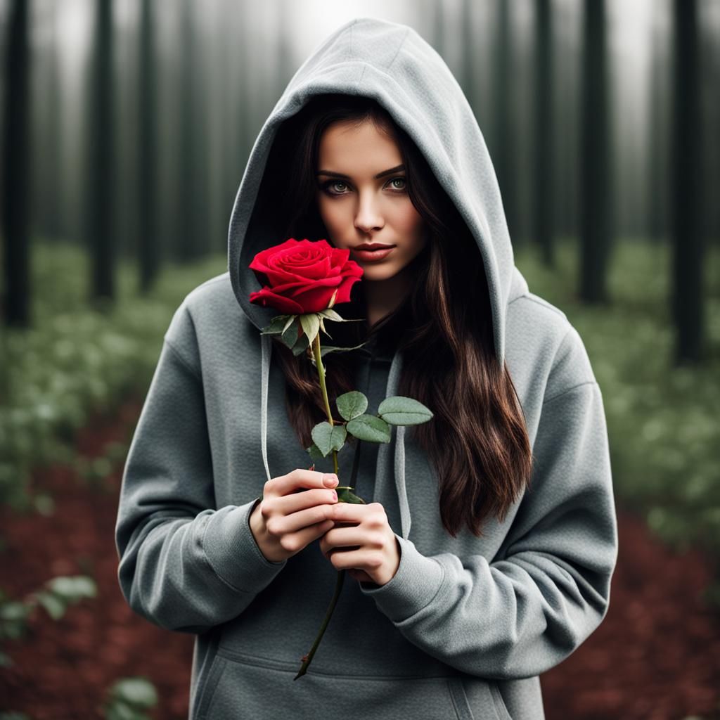 Rose Held by Hooded Brunette Hand