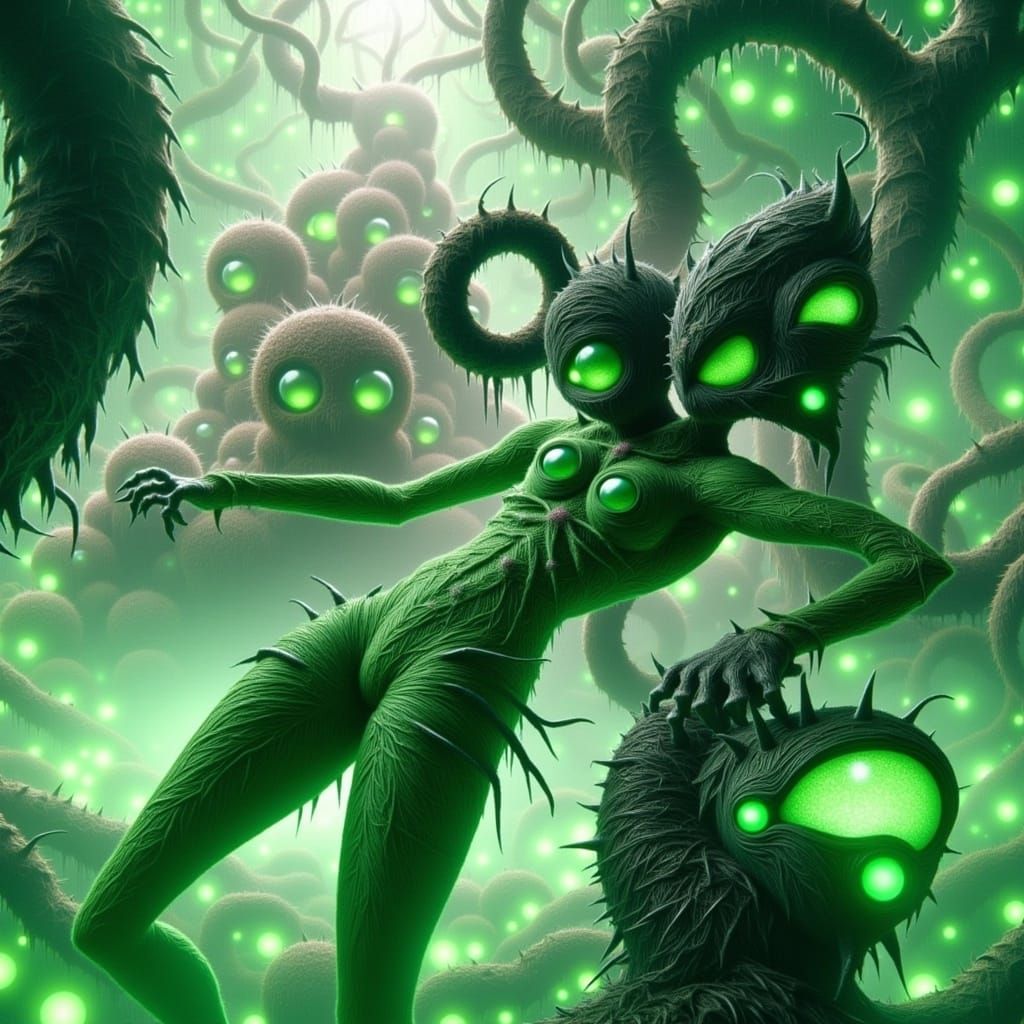 Metallic Figure with Green Hues in Electric Lighting