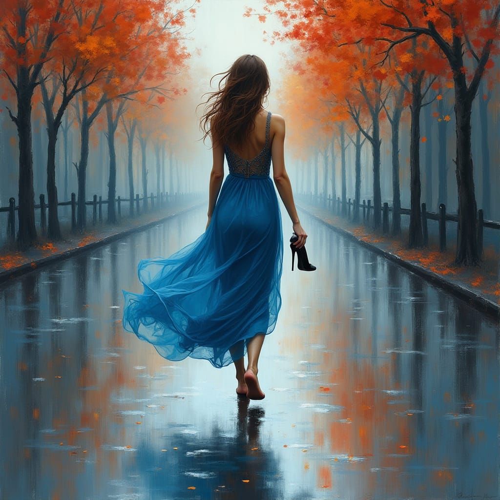 Rainy Street Scene in Impressionist Style