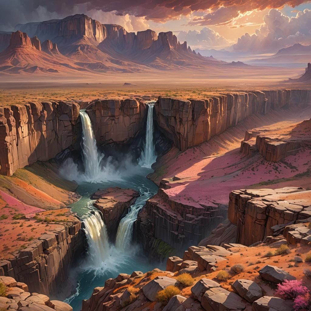 Dramatic Desert Waterfall Landscape in Romantic Realism