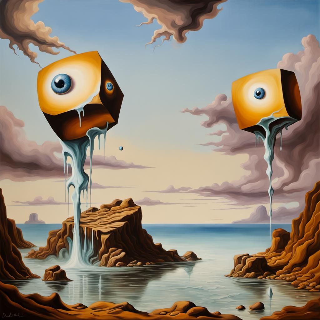 Melting Cubes on Rocky Shore: Surrealist Oil Painting