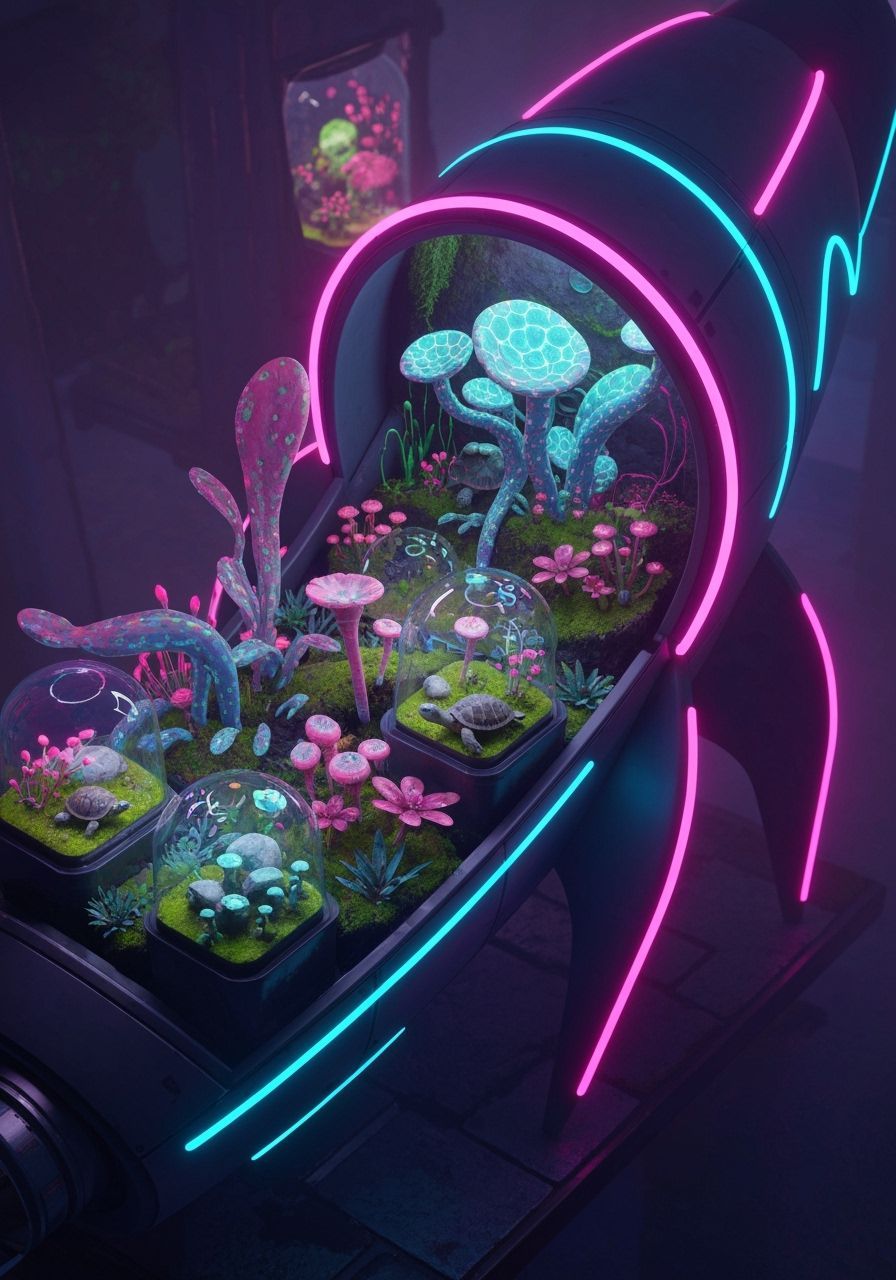 Cyberpunk Rocket Terrarium with Glowing Neon Plants