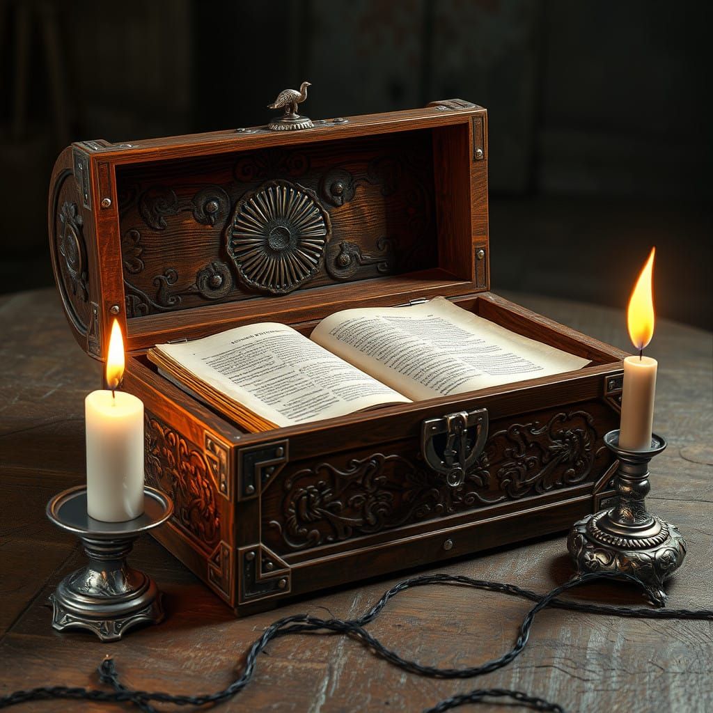 Ancient Wooden Box with Intricate Embossed Decorations and S...