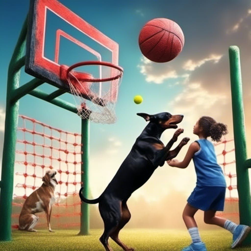 Dog Reaches for Netball Hoop: Detailed Matte Painting