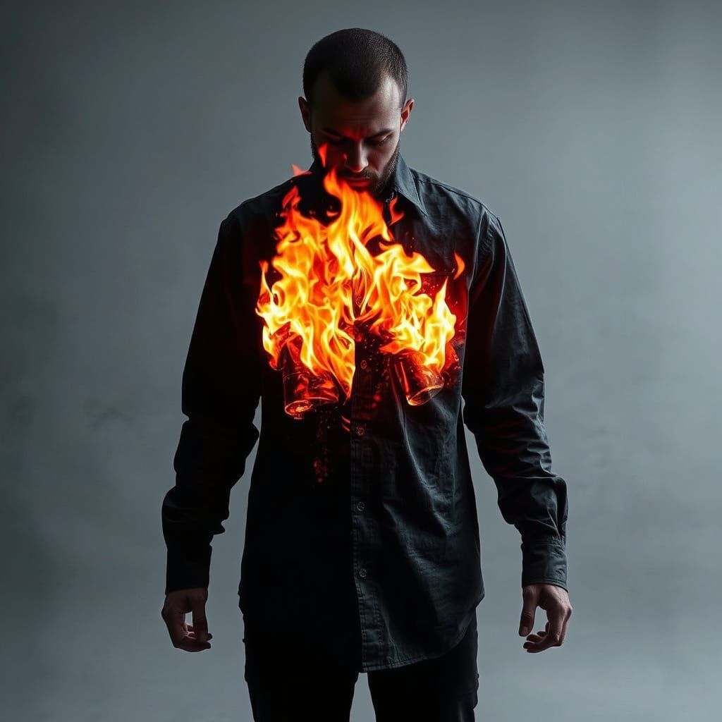 Man's Shirt Engulfed in Flames
