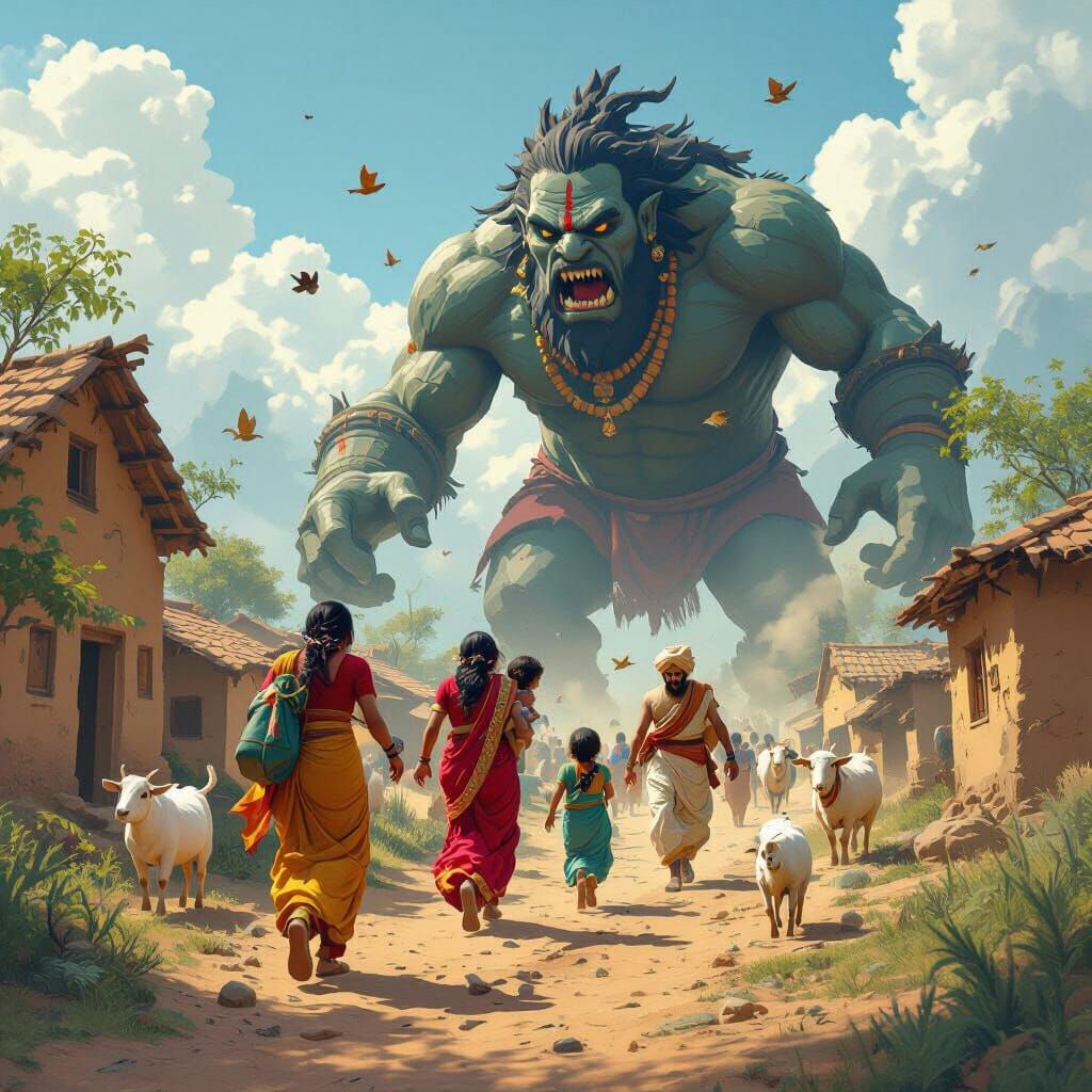 Terrified Villagers Flee from Stone Giant in Cartoonish Styl...