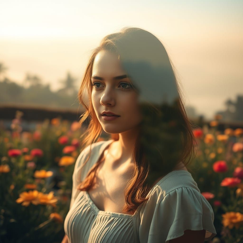 Double Exposure: Woman, Garden, and Hazy Landscape